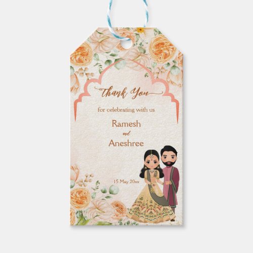 Peach flowers cute Indian bridal couple custom Gift Tags