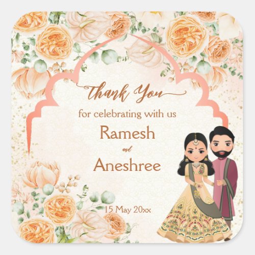 Peach flowers cute Indian bridal couple custom Square Sticker