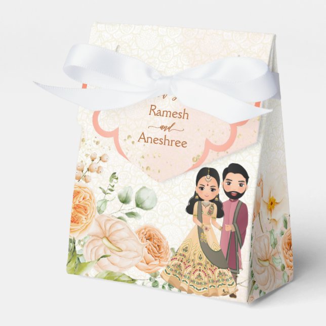 Peach flowers cute Indian bridal couple customized Favor Boxes (Front Side)