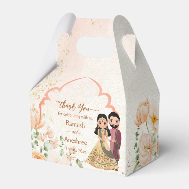 Peach flowers cute Indian bridal couple customized Favor Boxes (Front Side)
