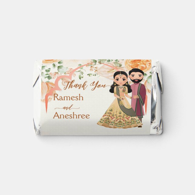 Peach flowers cute Indian bridal couple customized Hershey's Miniatures (Front)