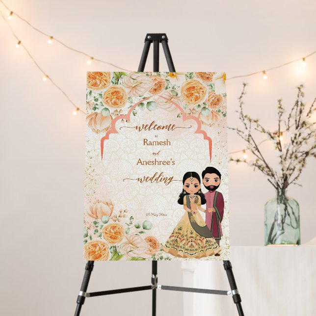 Peach flowers cute Indian bridal couple welcome Foam Board (In Situ (Stand))