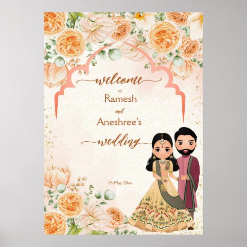 Peach flowers cute Indian bridal couple welcome Poster