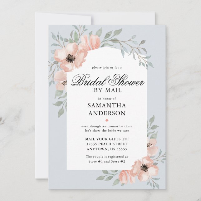 Peach Flowers Dusty Blue Bridal Shower By Mail Invitation (Front)