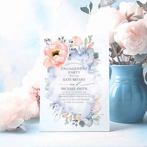 Peach Flowers Dusty Blue Elegant Engagement Party Invitation