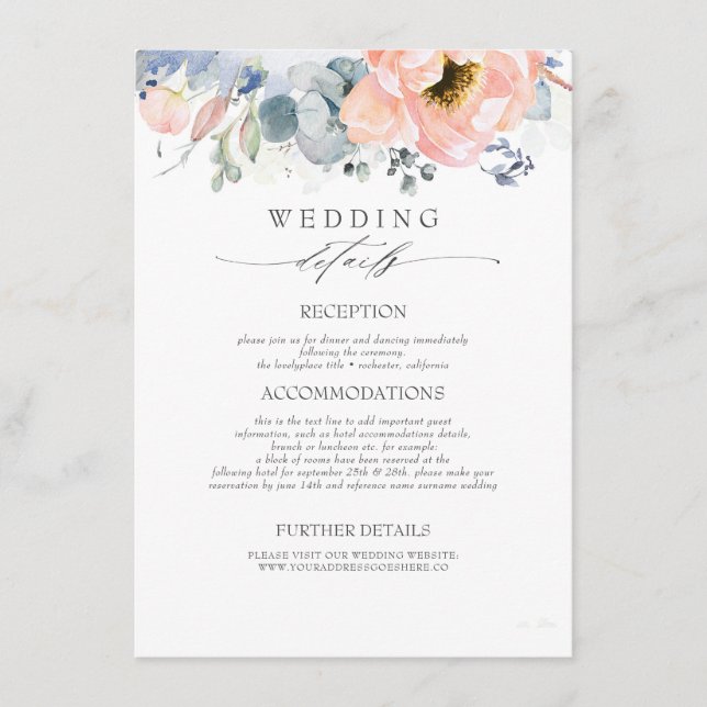 Peach Flowers Dusty Blue Wedding Information Enclosure Card (Front)