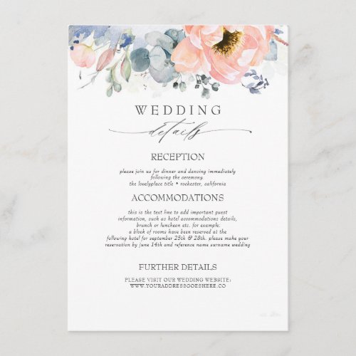 Peach Flowers Dusty Blue Wedding Information Enclosure Card