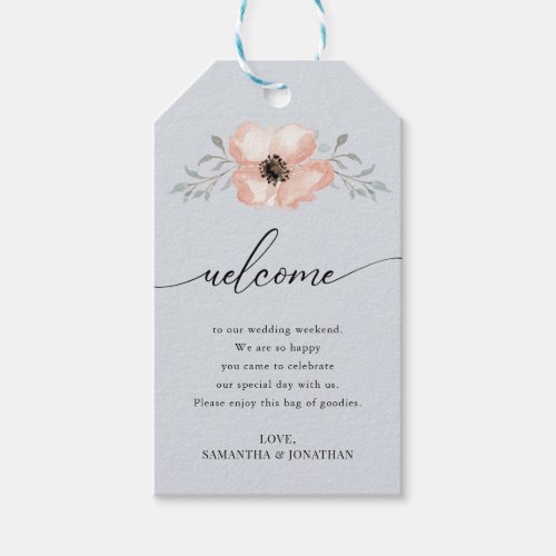Peach Flowers Dusty Blue Wedding Welcome Gift Tags
