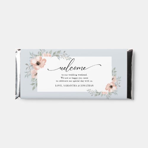 Peach Flowers Dusty Blue Wedding Welcome  Hershey Bar Favors