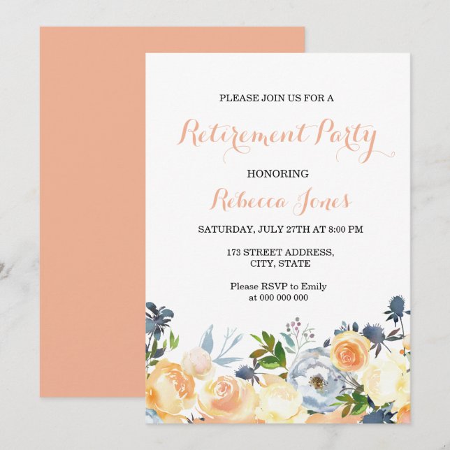 Peach Flowers Elegant Retirement Party Invitation (Front/Back)