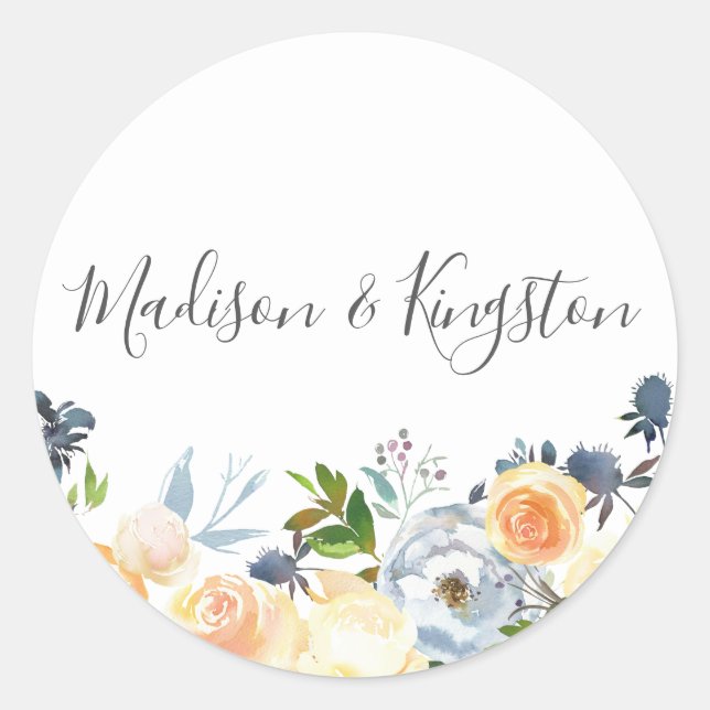 Peach Flowers Elegant Wedding Favor Classic Round Sticker (Front)