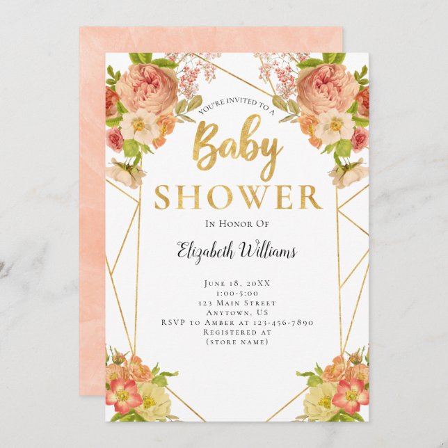Peach Flowers Geometric Frame Baby Shower Invitation (Front/Back)