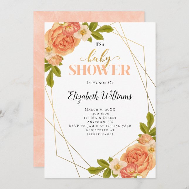 Peach Flowers Geometric Frame Baby Shower Invitation (Front/Back)