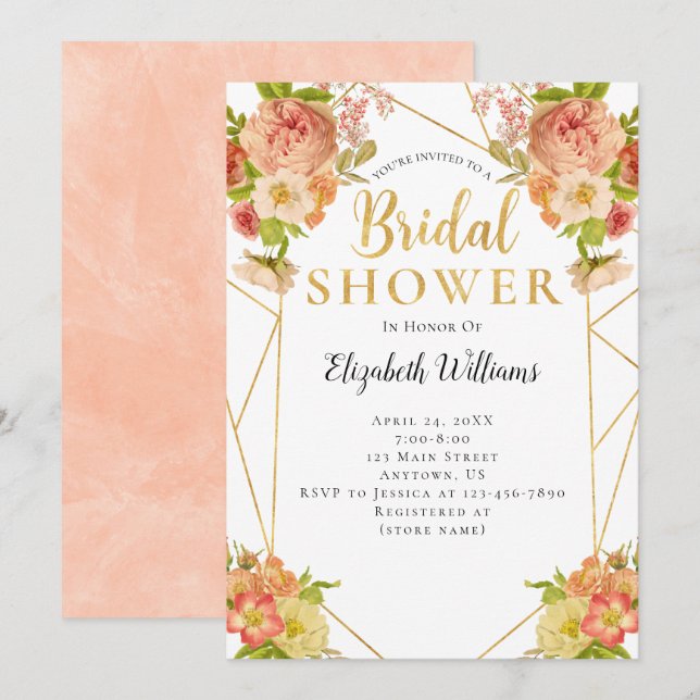 Peach Flowers Geometric Frame Bridal Shower Invitation (Front/Back)