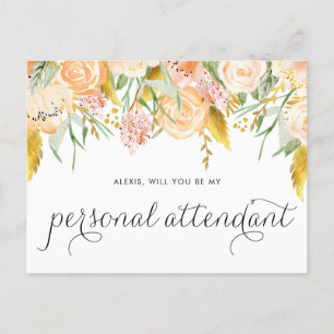 Peach Flowers Gold Foil Be My Personal Attendant Invitation Postcard