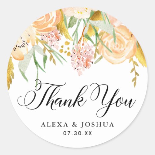 Peach Flowers Gold Foil Foliage Wedding Thank You Classic Round Sticker