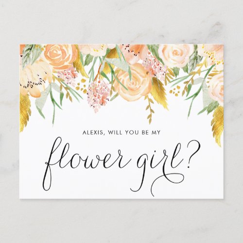 Peach Flowers Gold Foil WIll You Be My Flower Girl Invitation Postcard