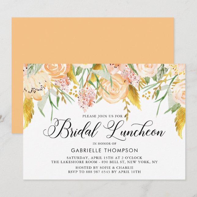 Peach Flowers Gold Leaves Bridal Luncheon Invitation (Front/Back)