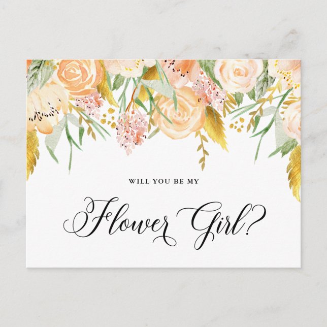 Peach Flowers Gold Will You Be Flower Girl Card (Front)