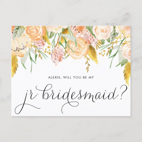 Peach Flowers Gold Will You Be My Jr Bridesmaid Invitation Postcard