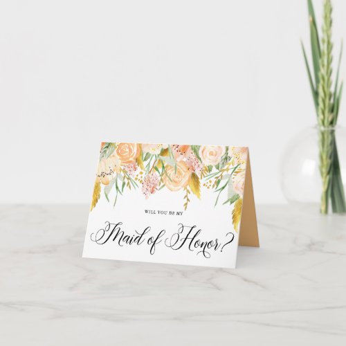 Peach Flowers Gold Will You Be My Maid of Honor Invitation