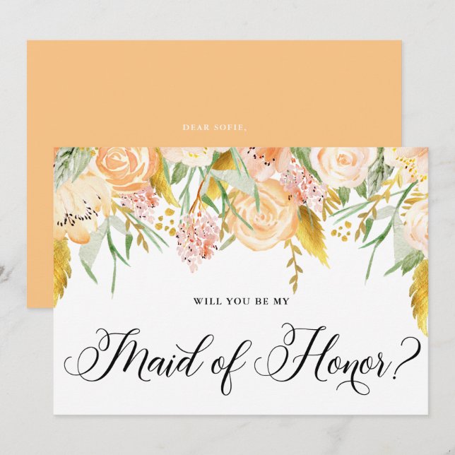 Peach Flowers Gold Will You Be My Maid of Honor Invitation (Front/Back)