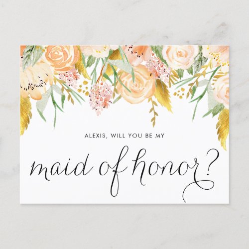 Peach Flowers Gold Will You Be My Maid of Honor Invitation Postcard