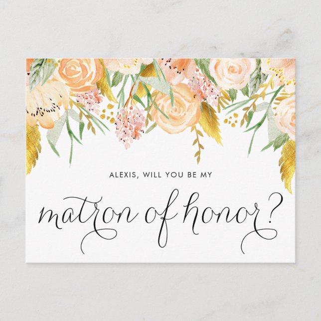 Peach Flowers Gold Will You Be My Matron of Honor Invitation Postcard (Front)