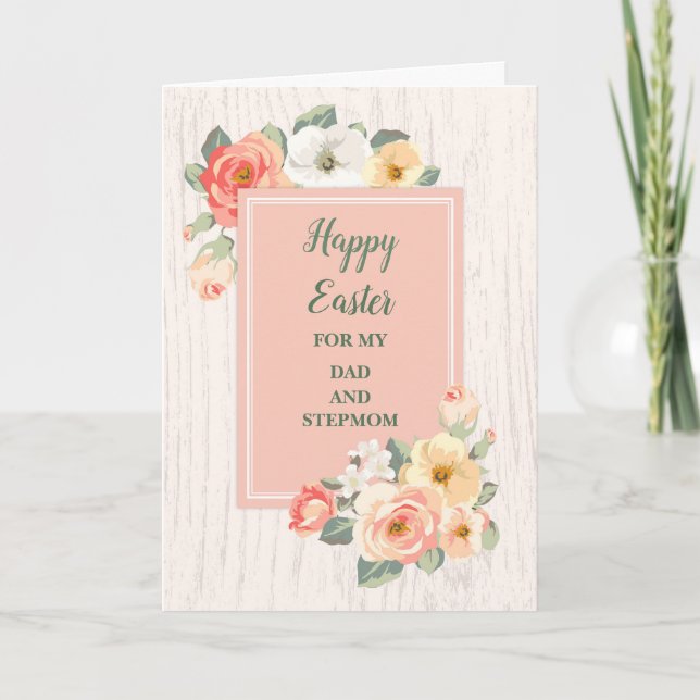 Peach Flowers Happy Easter Dad and Stepmom Holiday Card (Front)