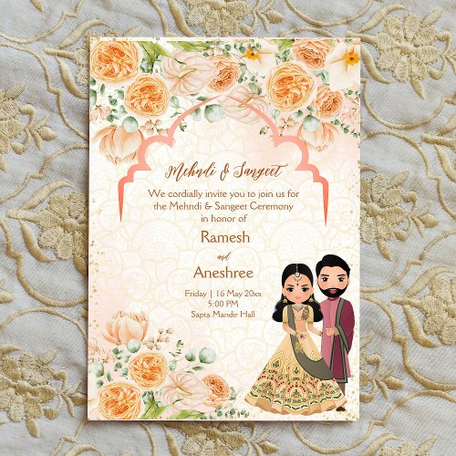 Peach flowers Indian couple mehndi sangeet invite