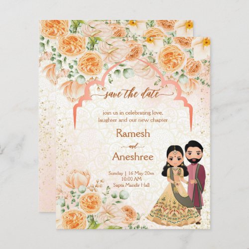 Peach flowers Indian couple save the date