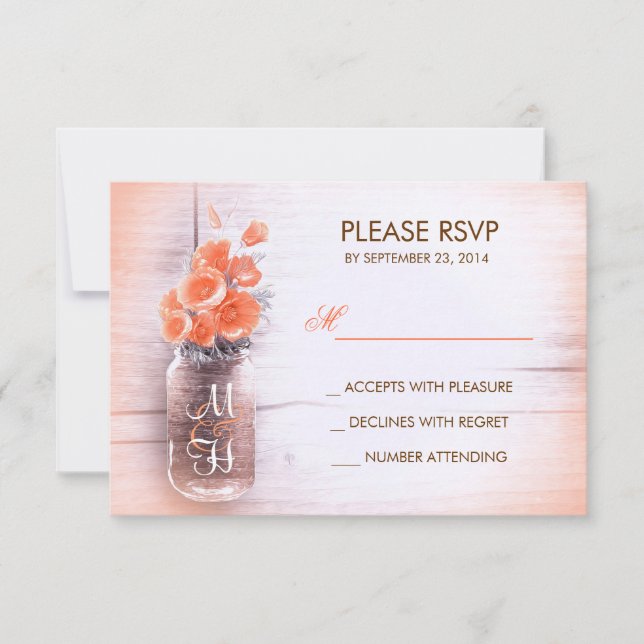 peach flowers mason jar wedding RSVP cards (Front)