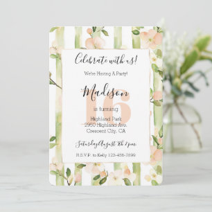 Peach Flowers Mint Green Stripes 16th Birthday Invitation