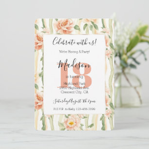 Peach Flowers Mint Green Stripes 18th Birthday Invitation