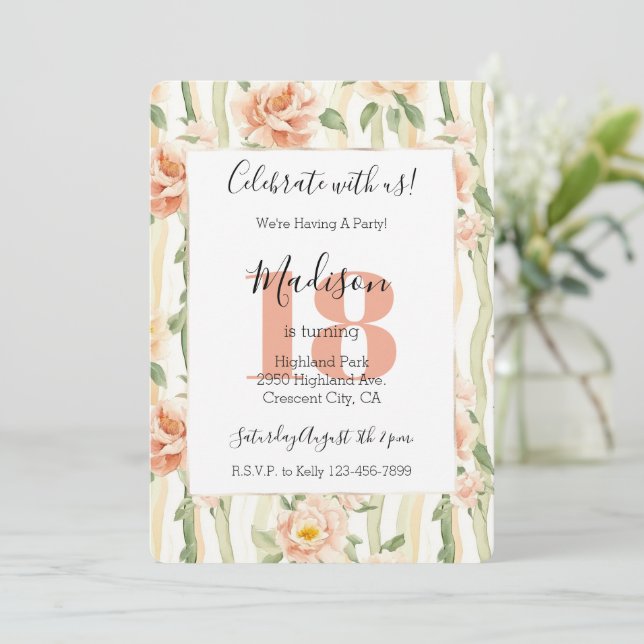 Peach Flowers Mint Green Stripes 18th Birthday  Invitation (Standing Front)