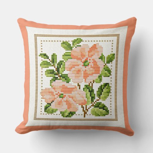 Peach Flowers Needlepoint Look Country Vintage Throw Pillow