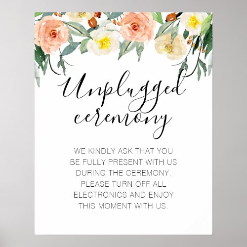 Peach Flowers No Photos Unplugged Wedding Ceremony Poster