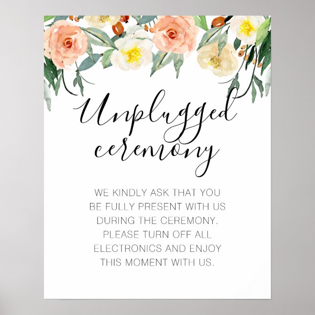 Peach Flowers No Photos Unplugged Wedding Ceremony Poster (Front)