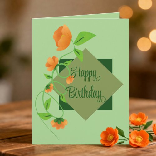 Peach Flowers On Green Diamond Birthday Card