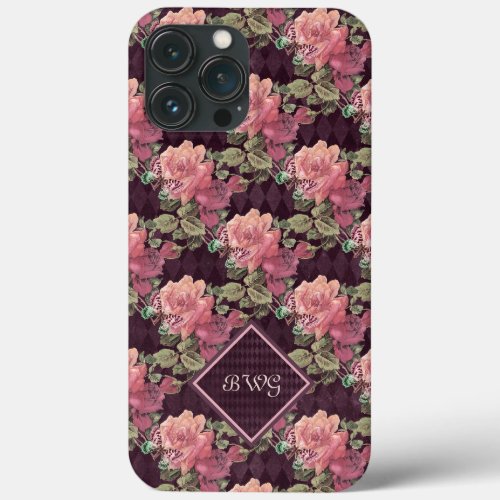 Peach Flowers on Purple Diamonds Monogram iPhone 13 Pro Max Case