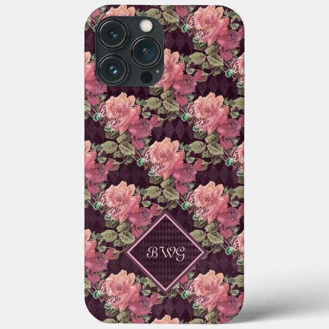 Peach Flowers on Purple Diamonds Monogram Case-Mate iPhone Case (Back)