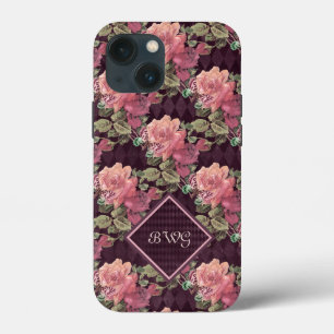 Peach Flowers on Purple Diamonds Monogram iPhone 13 Mini Case