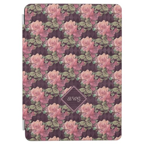 Peach Flowers on Purple Diamonds Monogram iPad Air Cover