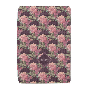 Peach Flowers on Purple Diamonds Monogram iPad Mini Cover