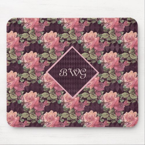 Peach Flowers on Purple Diamonds Monogram Mouse Pad