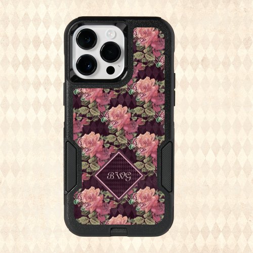 Peach Flowers on Purple Diamonds Monogram OtterBox iPhone 14 Pro Max Case