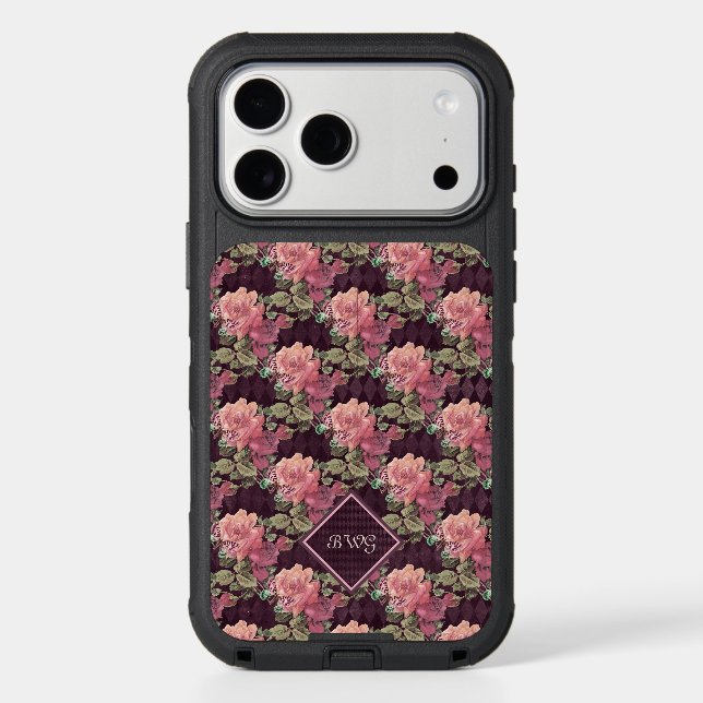Peach Flowers on Purple Diamonds Monogram Otterbox iPhone Case (Back)