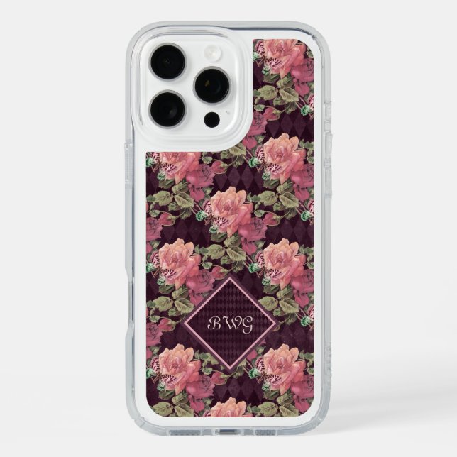 Peach Flowers on Purple Diamonds Monogram Speck iPhone Case (Front)
