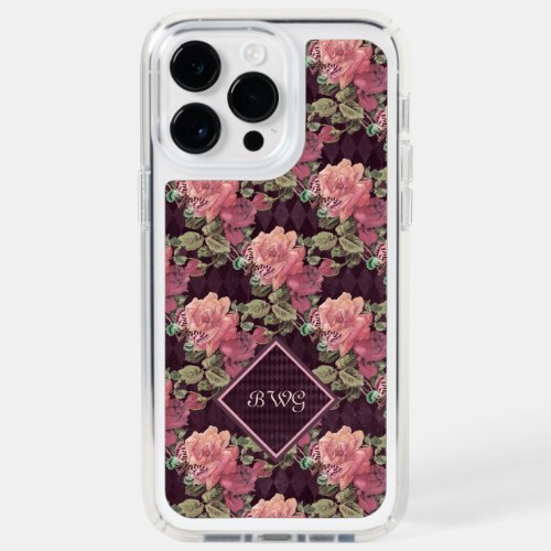 Peach Flowers on Purple Diamonds Monogram Speck iPhone 14 Pro Max Case