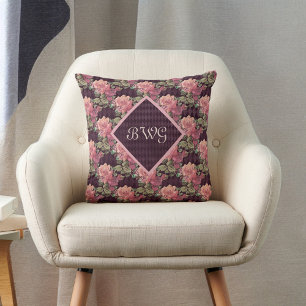 Peach Flowers on Purple Diamonds Monogram Throw Pillow